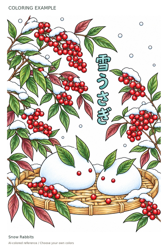 Quiet Winter in Japan|日本の冬と花の塗り絵16柄|文字も塗れるPDF・PNG / Printable Coloring Pages