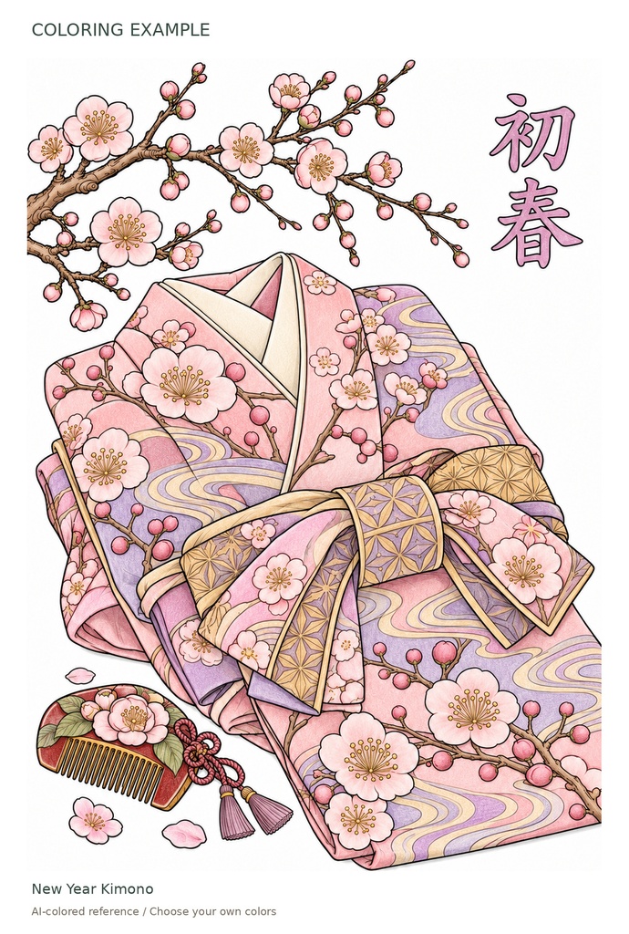 Quiet Winter in Japan|日本の冬と花の塗り絵16柄|文字も塗れるPDF・PNG / Printable Coloring Pages