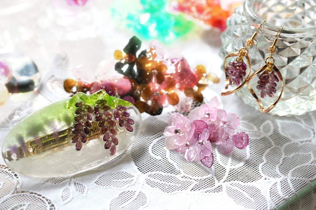 へし切長谷部イメージ 藤のピアス&バレッタ 本物紫陽花のピアス