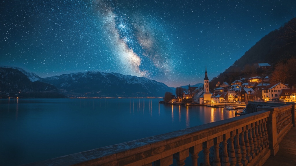 夜空と湖畔の街 - 静寂に包まれた星降る夜 (Night Sky Over the Lake - Silent Starry Night)