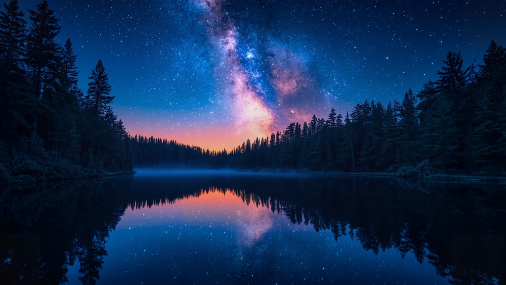 星降る森と静かな湖 – 夜明け前の癒しアート