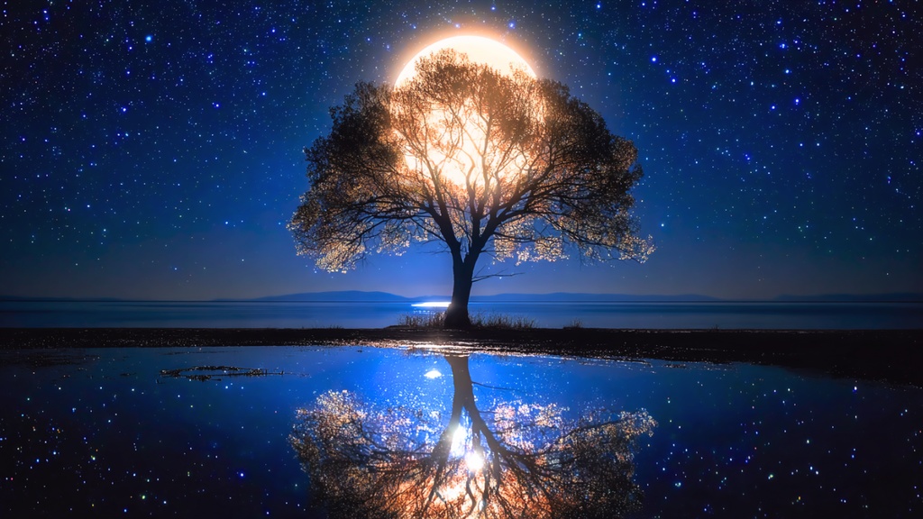 月光に抱かれた樹 ― 湖に映る静けさEmbraced by Moonlight – Serenity Reflected on the Lake