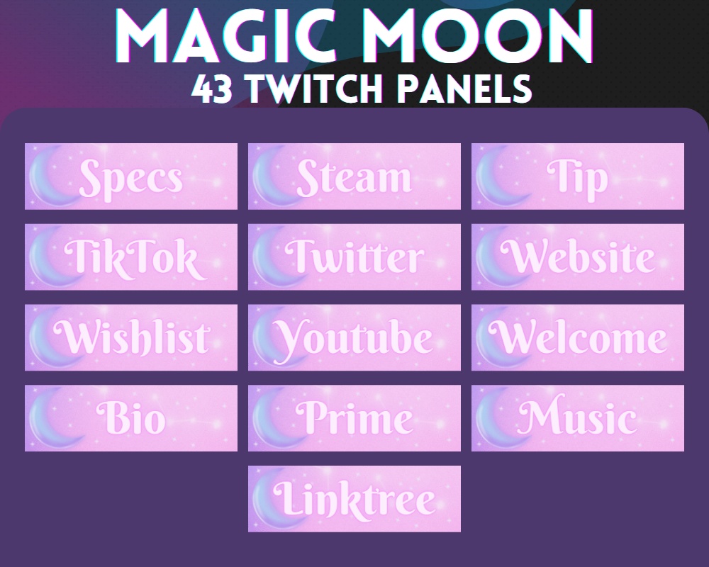 Magic Moon 43x Twitch Panels | Pastel - Cute - Pink - Star - Night - Kawaii - Celestial
