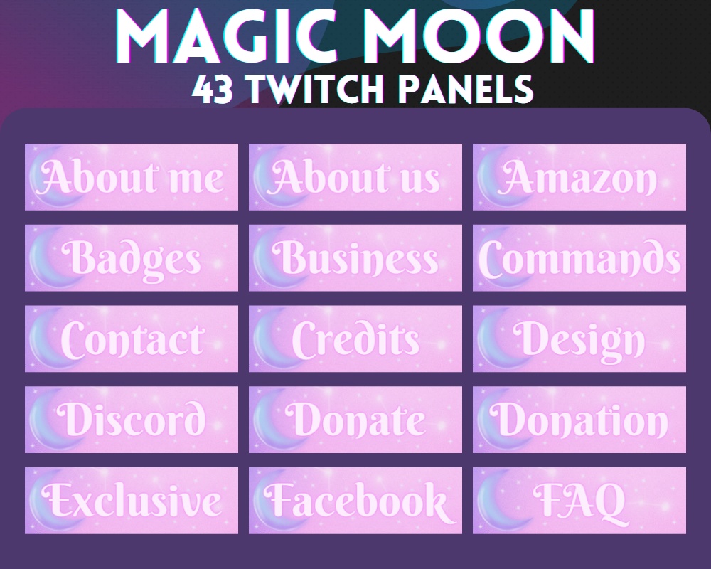 Magic Moon 43x Twitch Panels | Pastel - Cute - Pink - Star - Night - Kawaii - Celestial 