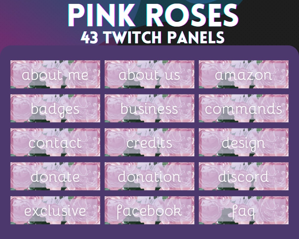 43x Twitch Panels | Pink Roses - Simple - Clean - Elegant - Cute - Pastel | INSTANT DOWNLOAD