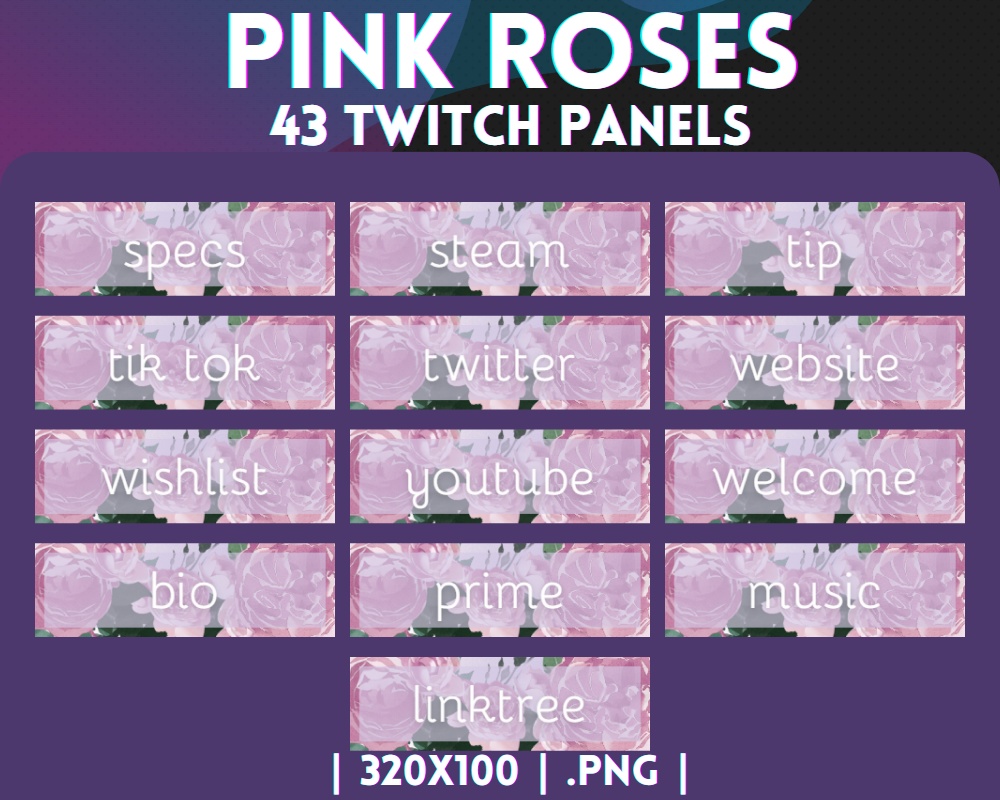 43x Twitch Panels | Pink Roses - Simple - Clean - Elegant - Cute - Pastel | INSTANT DOWNLOAD