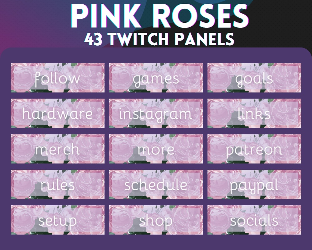 43x Twitch Panels | Pink Roses - Simple - Clean - Elegant - Cute - Pastel | INSTANT DOWNLOAD