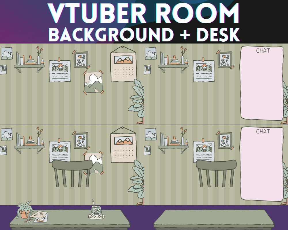 Simple VTuber Background + desk | Streaming Room - Cute - Cozy - Green - Just Chatting - Assets | Twitch - Youtube | INSTANT DOWNLOAD