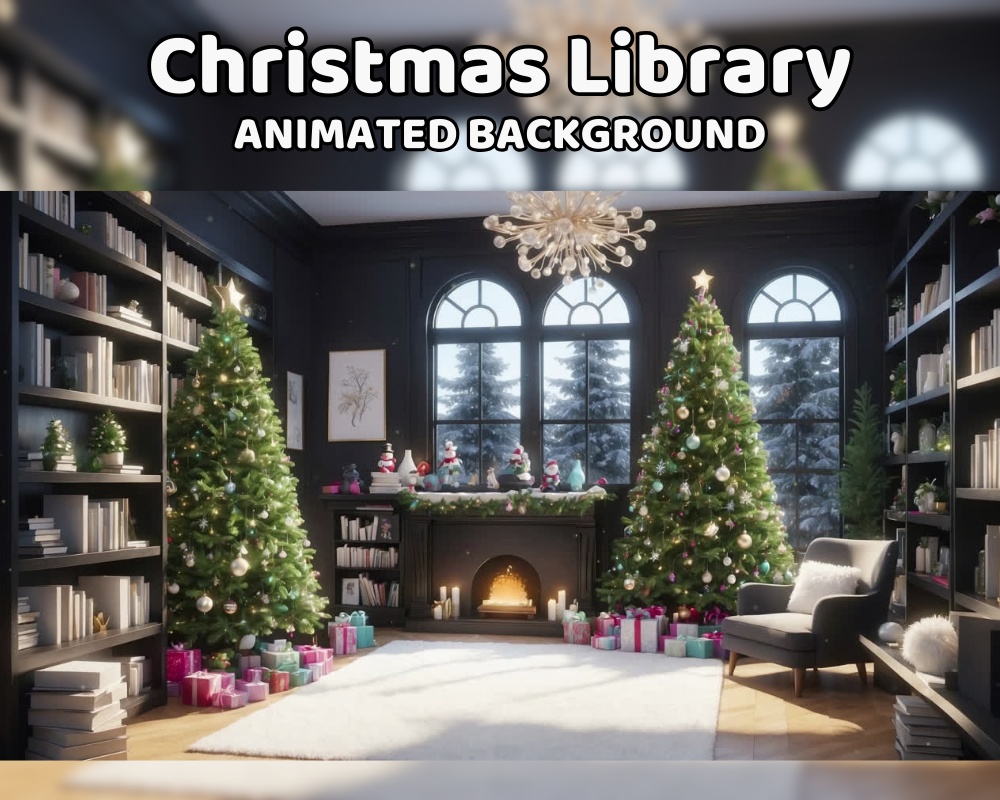 ANIMATED BACKGROUND CHRISTMAS Library | Fireplace, Snow, Vtuber Room, Ambience, Lofi, Cozy, Aesthetic, Looped | Instant Digital Download