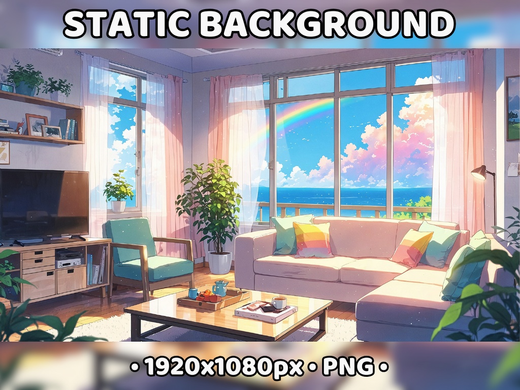 ANIMATED BACKGROUND | Sunny Summer Living Room for Vtuber, Ocean View Colorful Rainbow Cute Soft Ambience Seamless Loop Stream Background