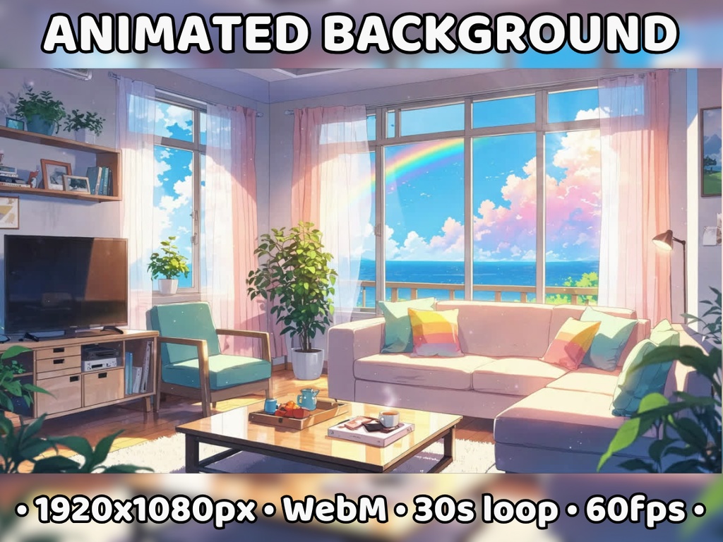 ANIMATED BACKGROUND | Sunny Summer Living Room for Vtuber, Ocean View Colorful Rainbow Cute Soft Ambience Seamless Loop Stream Background