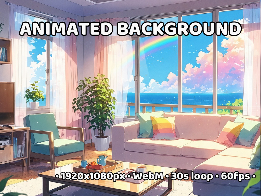 ANIMATED BACKGROUND | Sunny Summer Living Room for Vtuber, Ocean View Colorful Rainbow Cute Soft Ambience Seamless Loop Stream Background