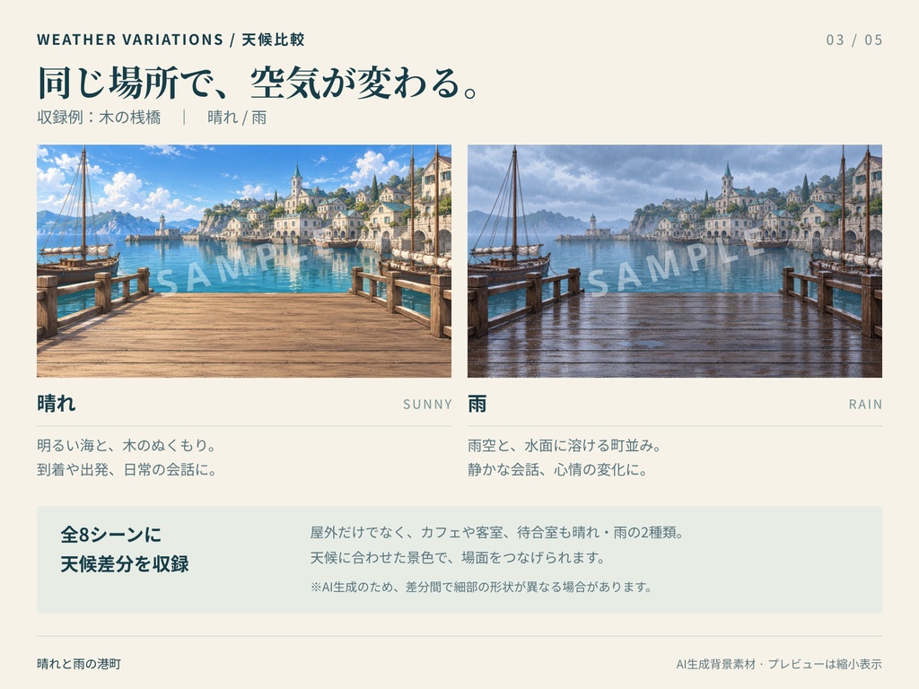晴れと雨の港町|会話シーン向け背景素材16枚