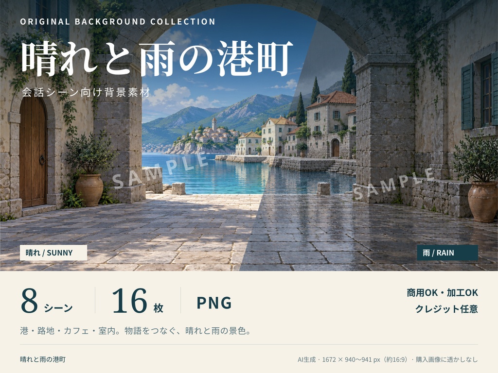 晴れと雨の港町|会話シーン向け背景素材16枚