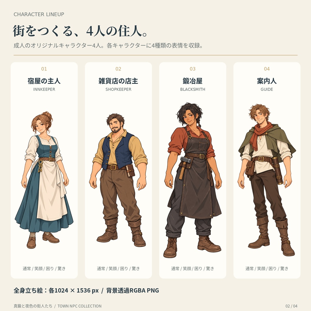 真鍮と夜色の街人たち Vol.1|4人×4表情・透過立ち絵素材