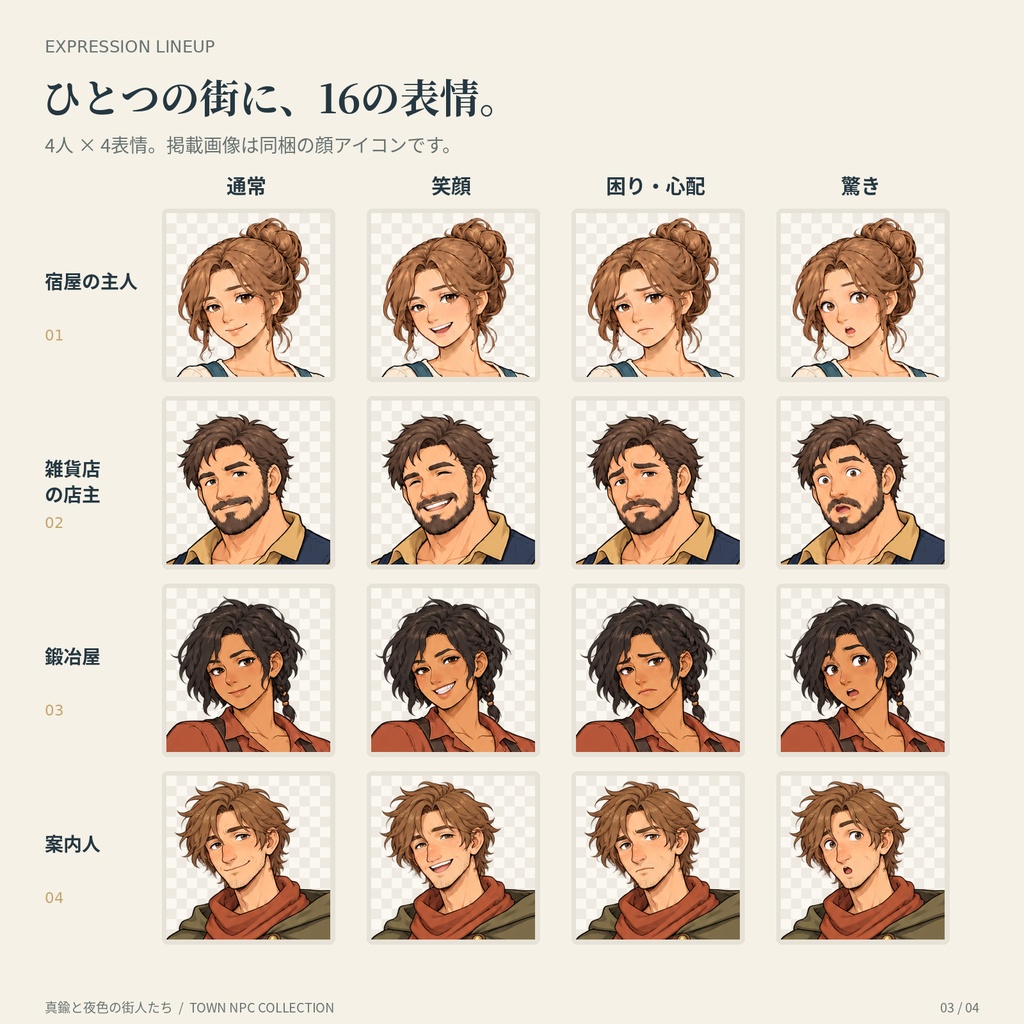真鍮と夜色の街人たち Vol.1|4人×4表情・透過立ち絵素材