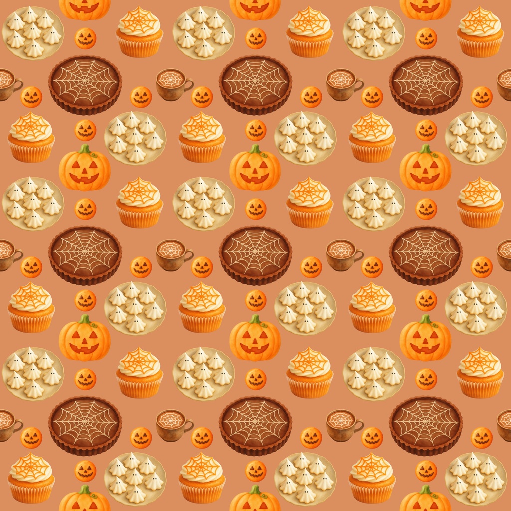 【デジタルペーパー】ハロウィンお菓子&蜘蛛の巣柄 シームレスパターン素材