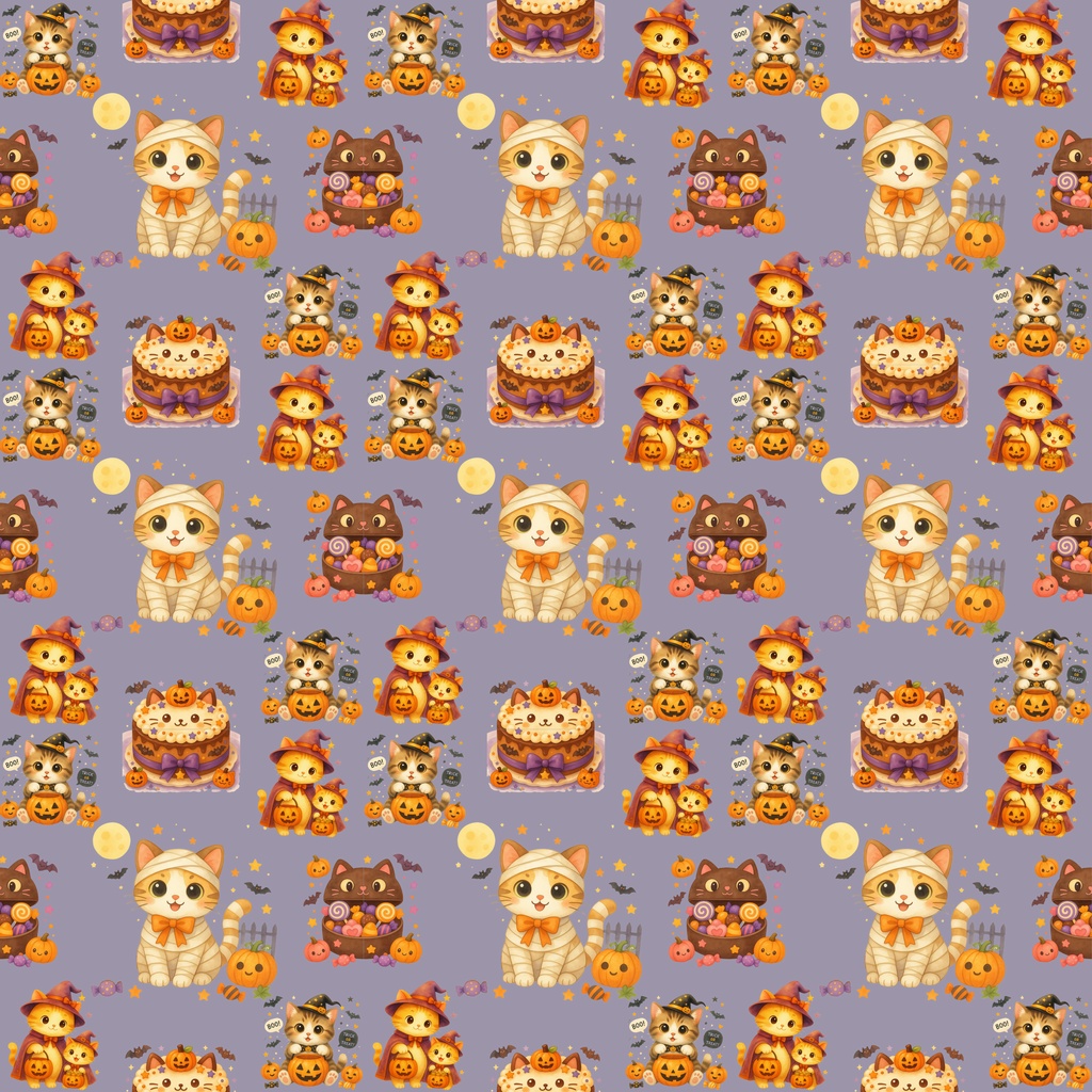 【4柄セット】ハロウィン猫柄 デジタルペーパー シームレスパターン素材