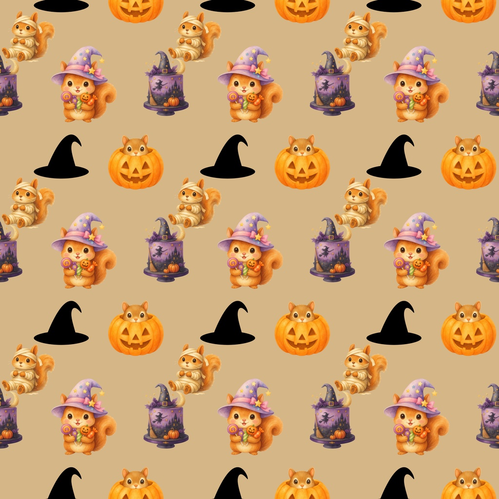 【デジタルペーパー】ハロウィンりす柄 魔女コスプレ&かぼちゃ シームレスパターン素材
