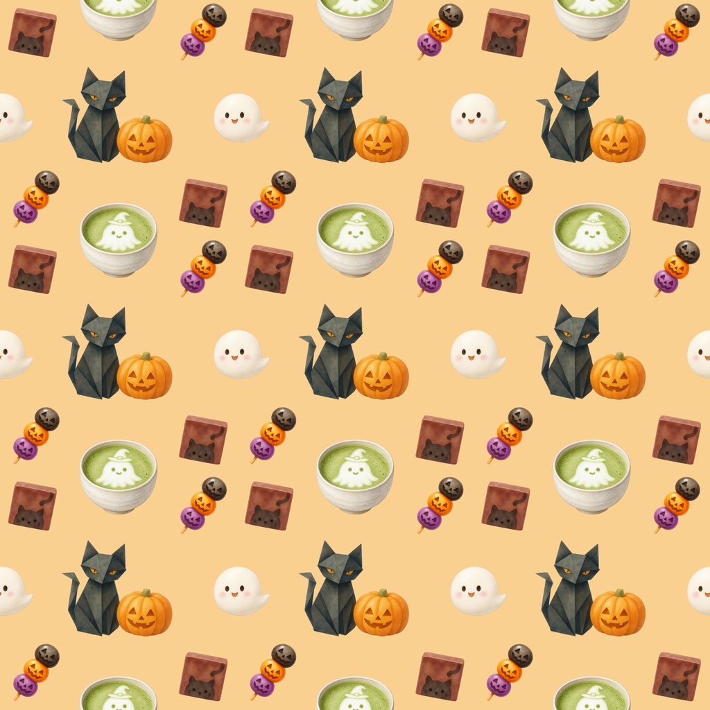 ハロウィン柄シームレスパターン 和菓子 黒猫折り紙&抹茶ラテ デジタルペーパー
