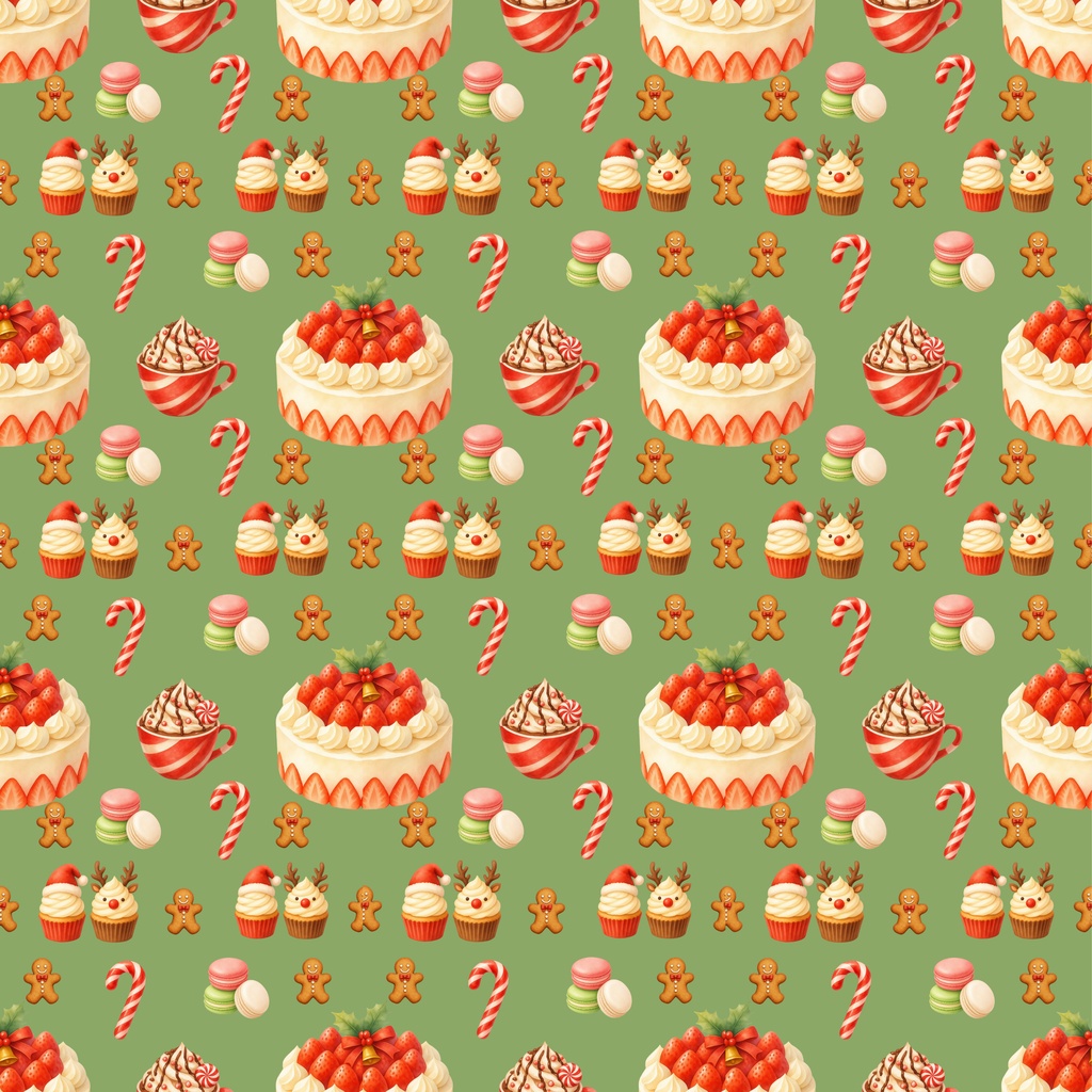 クリスマス柄シームレスパターン いちごケーキ&お菓子 デジタルペーパー
