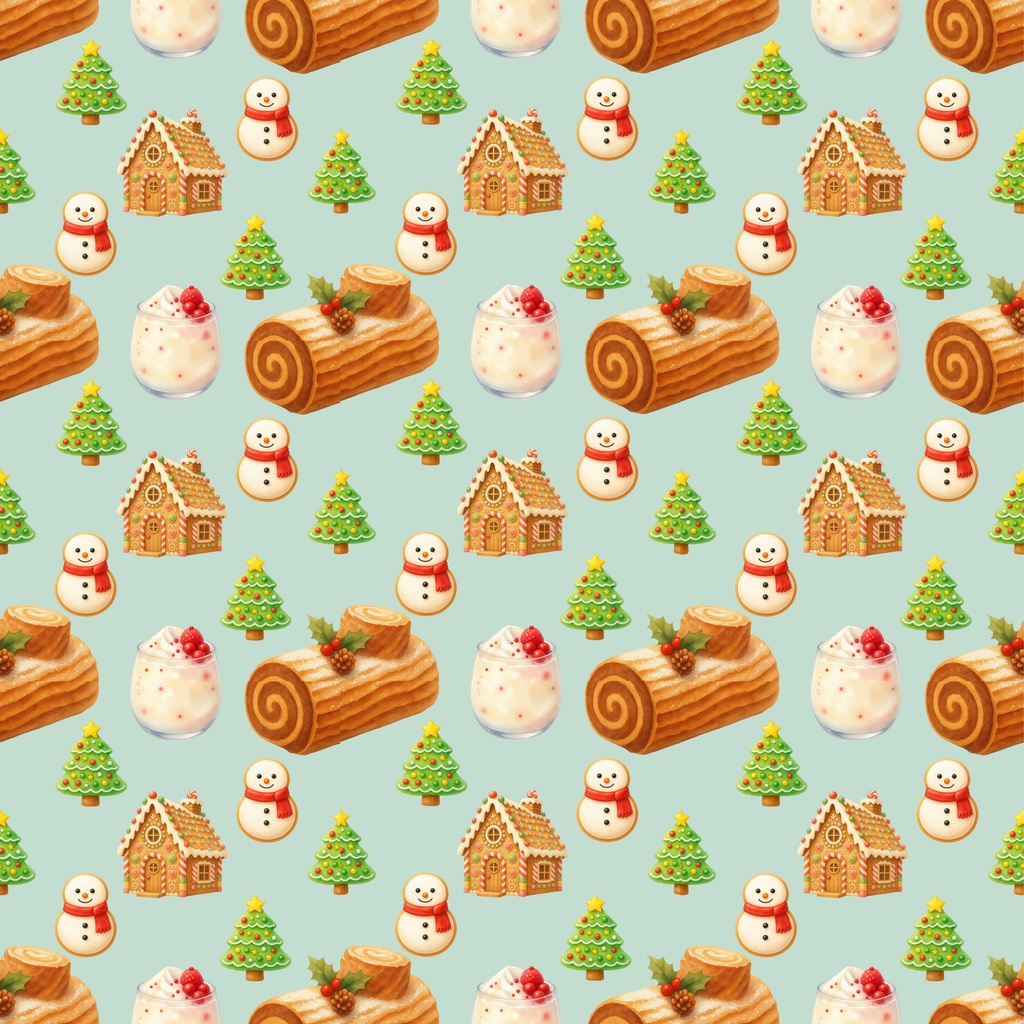 クリスマス柄シームレスパターン お菓子の家&ブッシュ・ド・ノエル デジタルペーパー