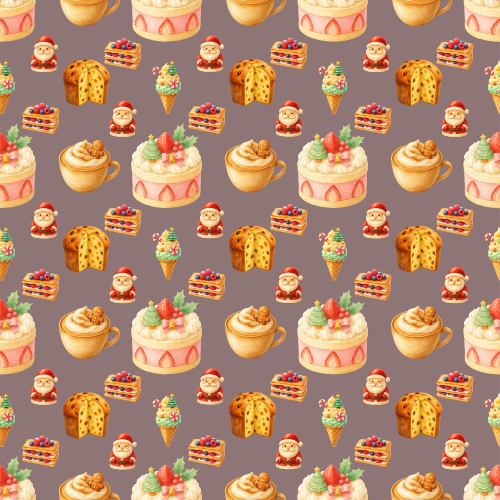 クリスマス柄シームレスパターン パネトーネ&いちごケーキ デジタルペーパー