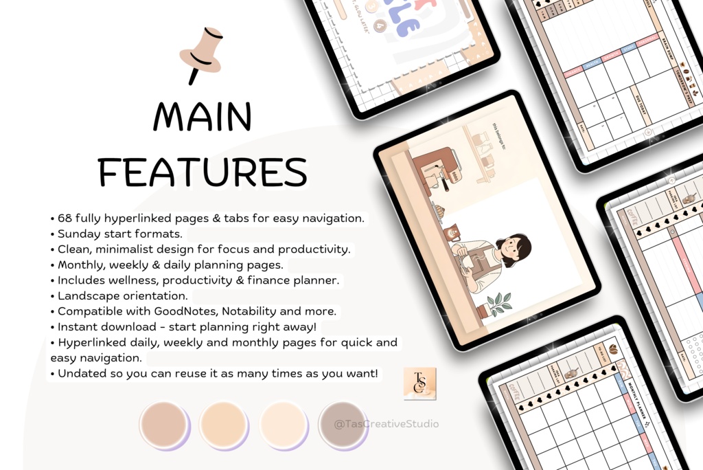 ほっこりカフェラテのデジタルプランナー(68ページ)|かわいいバリスタ風