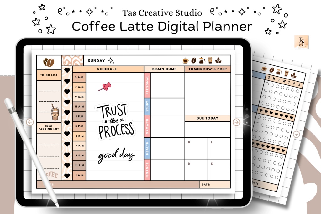 ほっこりカフェラテのデジタルプランナー(68ページ)|かわいいバリスタ風