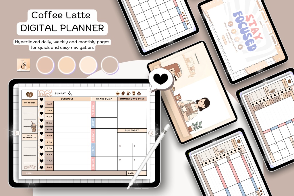カフェ風コーヒーラテデジタル手帳(68ページ)|スケジュール管理・日記・目標設定