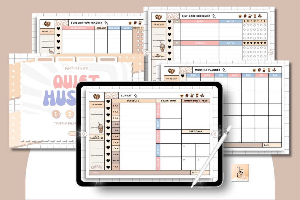 カフェ風コーヒーラテデジタル手帳(68ページ)|スケジュール管理・日記・目標設定