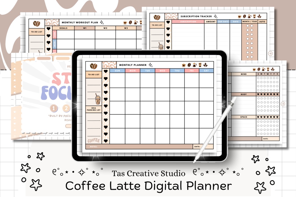 カフェ風コーヒーラテデジタル手帳(68ページ)|スケジュール管理・日記・目標設定