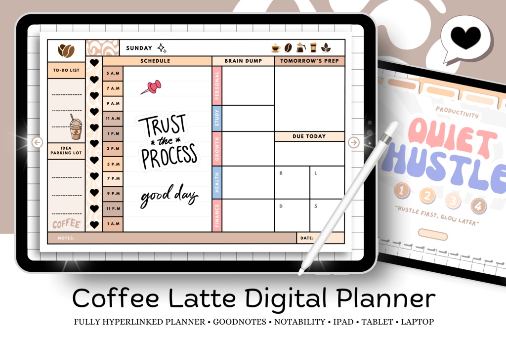 カフェ風コーヒーラテデジタル手帳(68ページ)|スケジュール管理・日記・目標設定