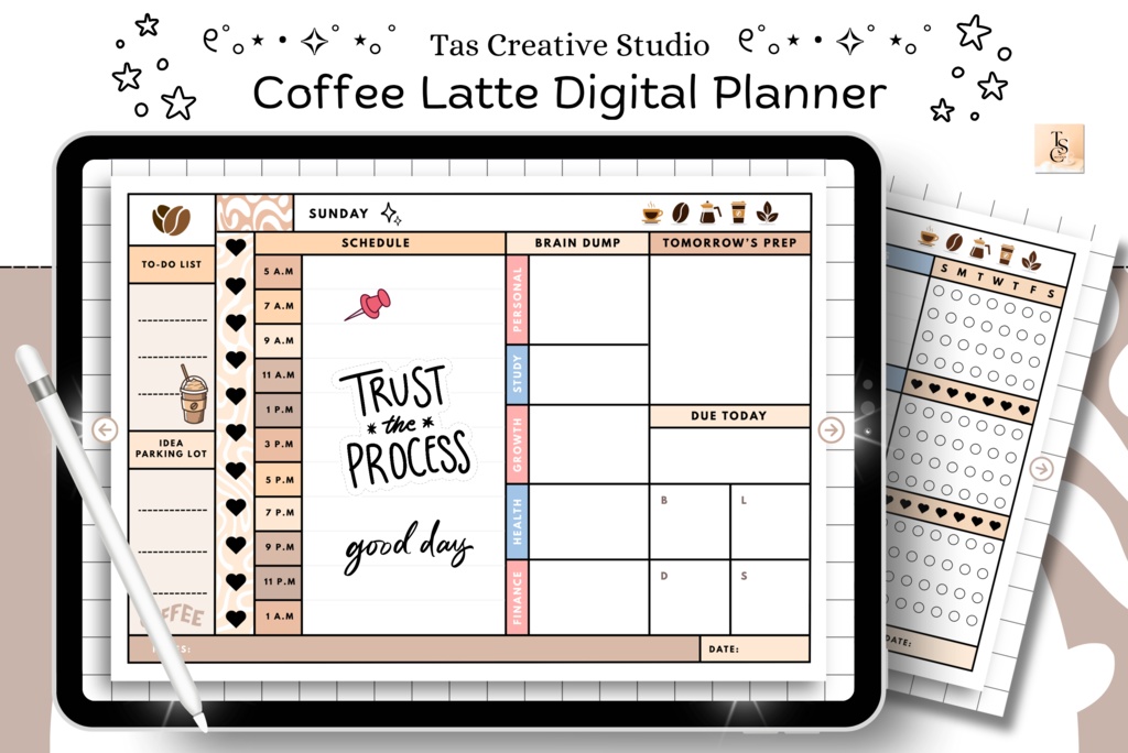 癒しのカフェ風デジタルプランナー|コーヒーラテデザイン(全68ページ)