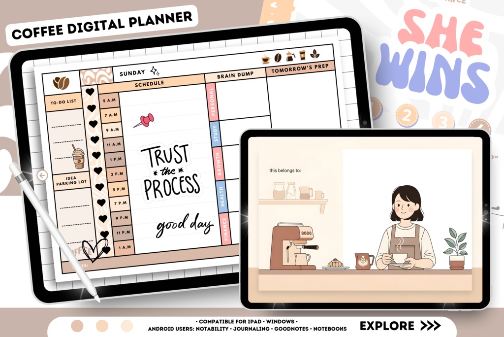 癒しのカフェ風デジタルプランナー|コーヒーラテデザイン(全68ページ)