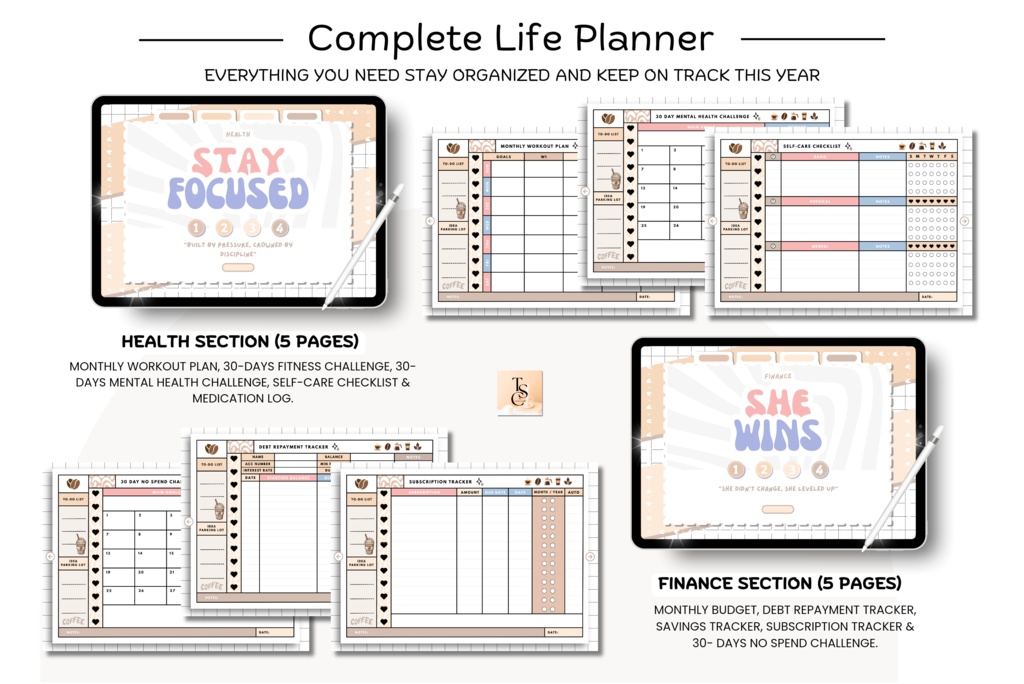 癒しのカフェ風デジタルプランナー|コーヒーラテデザイン(全68ページ)
