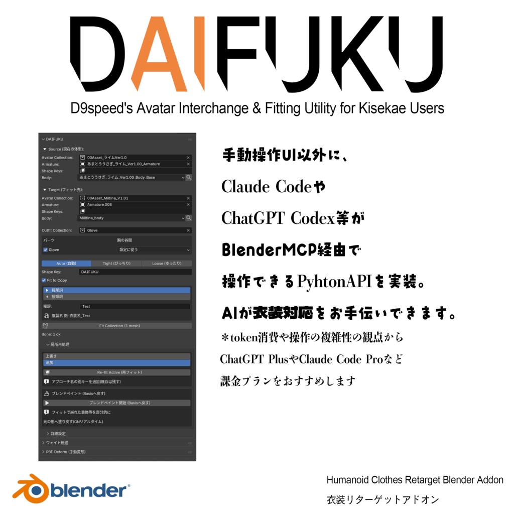 【Blenderアドオン】衣装対応を速く・楽に。 DAIFUKU D9speed's Avatar Interchange & Fitting Utility for Kisekae Users