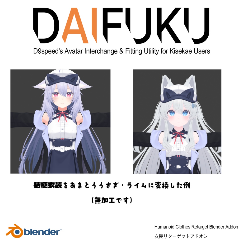 【Blenderアドオン】衣装対応を速く・楽に。 DAIFUKU D9speed's Avatar Interchange & Fitting Utility for Kisekae Users