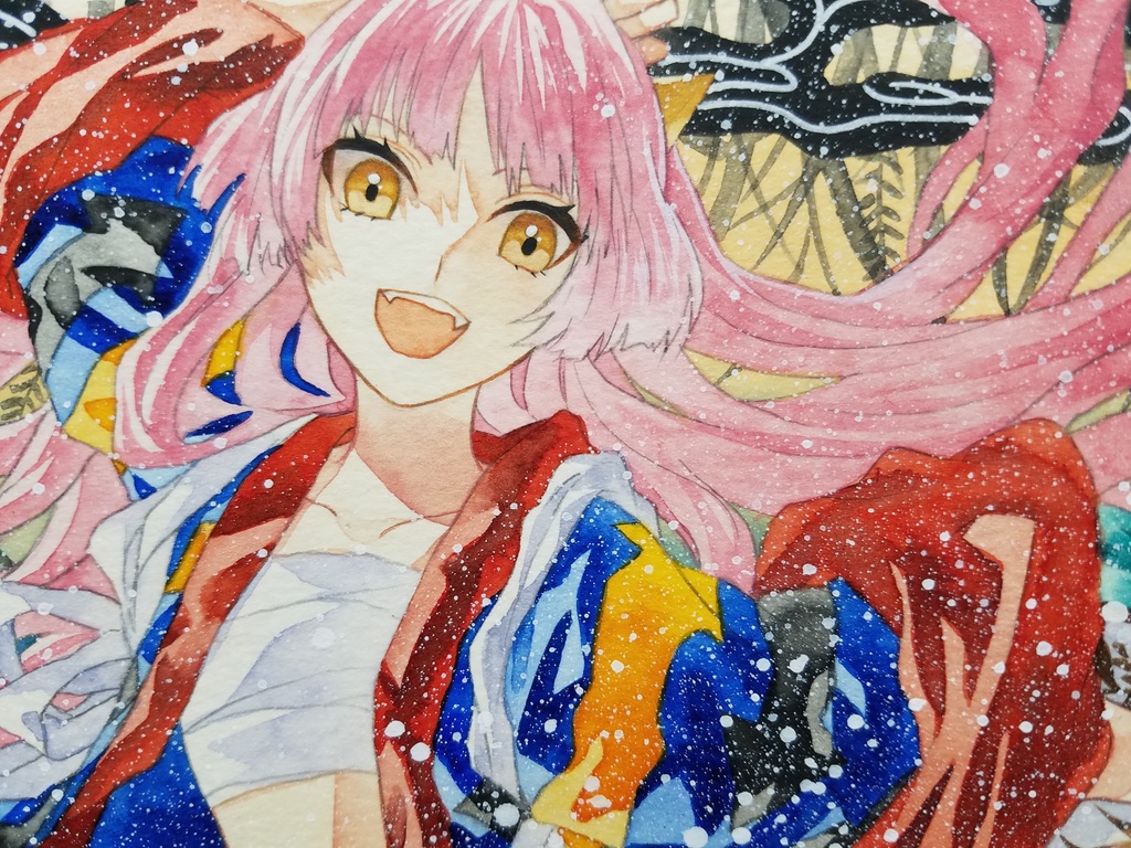 オリジナル 手描きイラスト 原画 創作 女の子 妖怪シリーズ 枕返し B5サイズ 透明水彩 Potato Booth