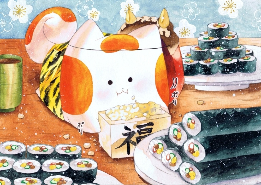 オリジナル 手描きイラスト オリジナルキャラクター うたもちシリーズ 豆食べる鬼 B5サイズ 原画 創作 透明水彩 Potato Booth