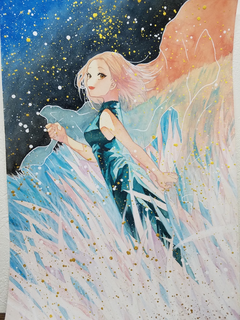 手描きイラスト オリジナル 夜空の光 原画 創作 女の子 A４サイズ 透明水彩 Potato Booth