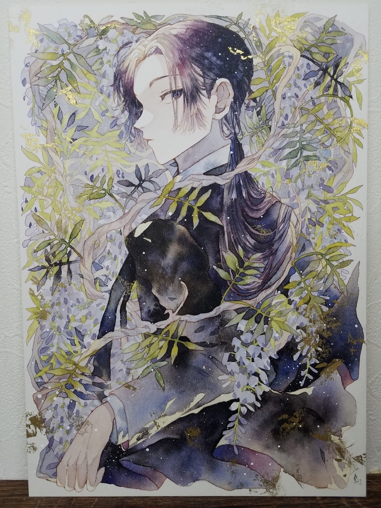 手描きイラスト オリジナル 「山藤の案内人」 原画 イラストボード 創作 男の子 A4サイズ 透明水彩