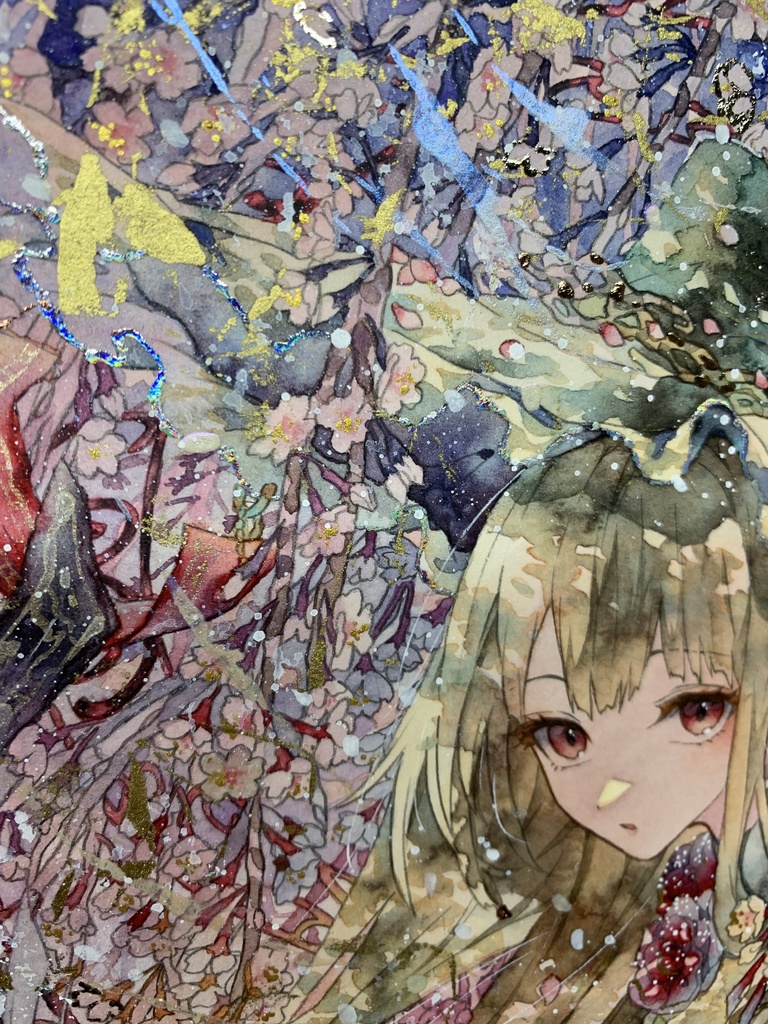 手描きイラスト オリジナル　「枝垂桜のカーテン」　原画　創作　女の子　A４サイズ　透明水彩