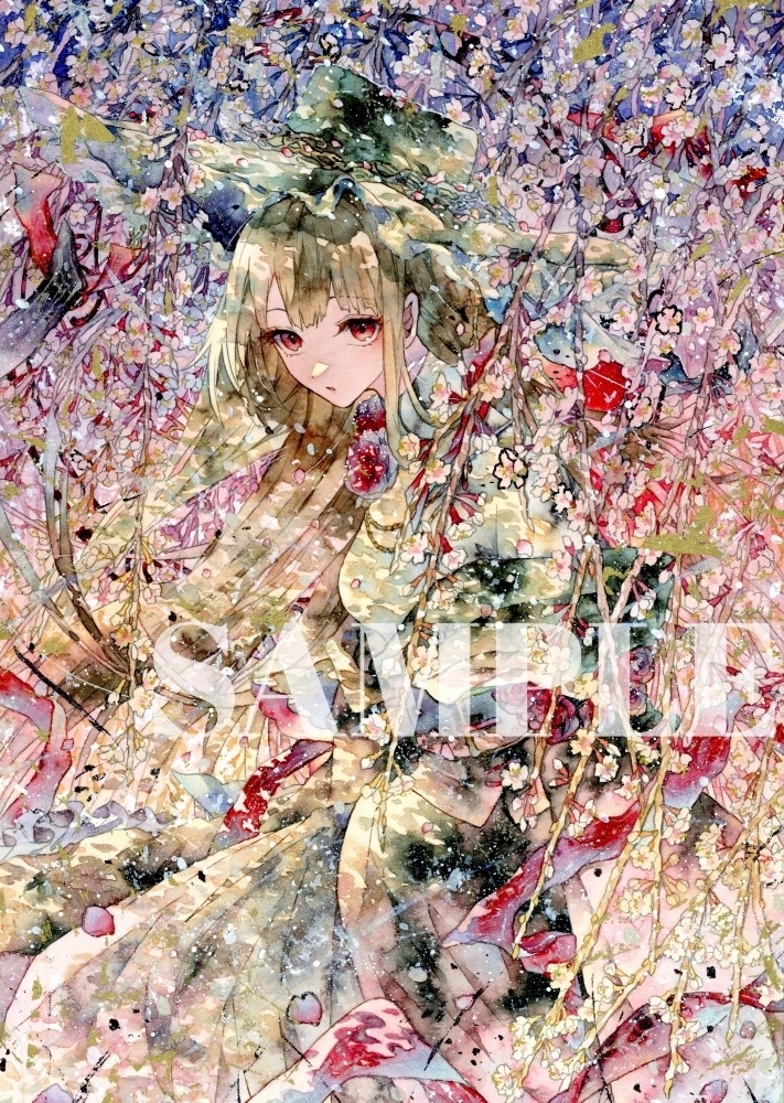 手描きイラスト オリジナル　「枝垂桜のカーテン」　原画　創作　女の子　A４サイズ　透明水彩
