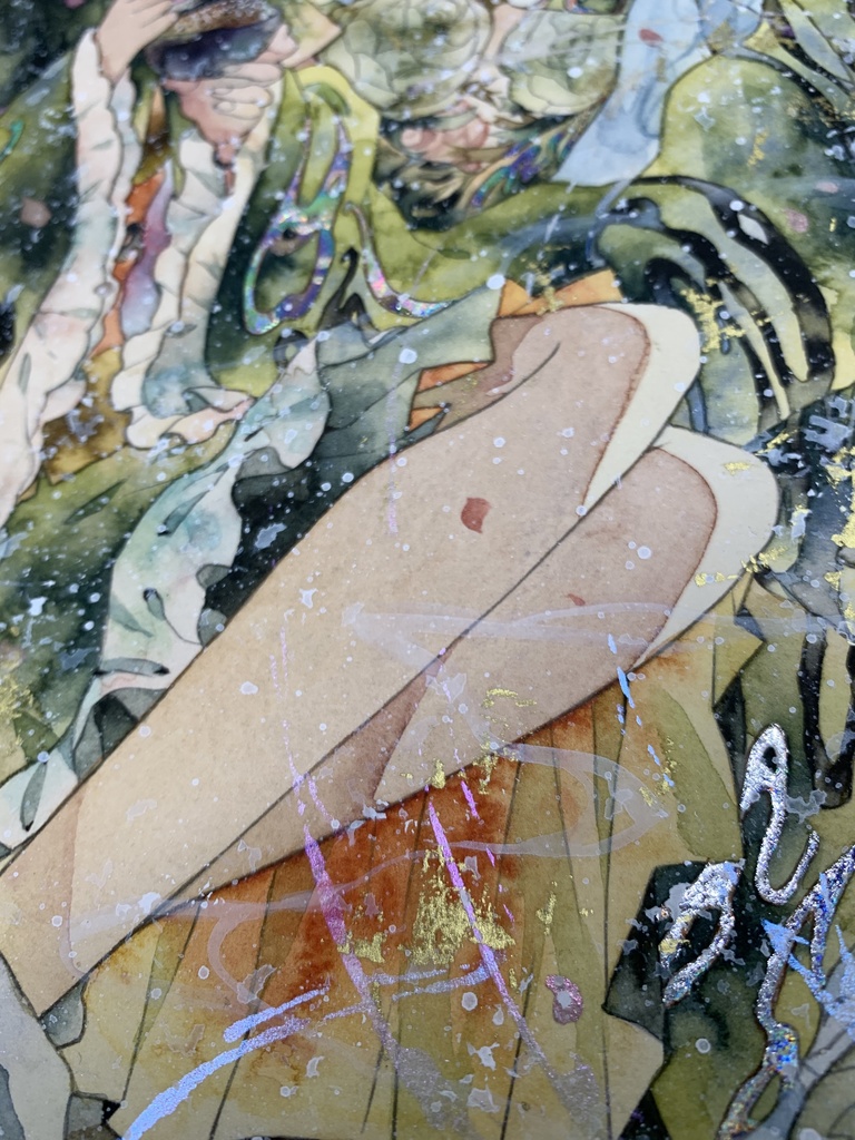 手描きイラスト オリジナル　「花金鳳花の休息所」　原画　創作　女の子　A４サイズ　透明水彩