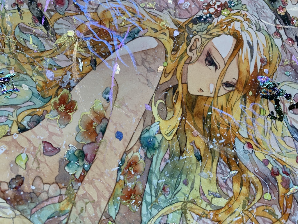 手描きイラスト オリジナル　「花海の人魚」　原画　創作　女の子　A４サイズ　透明水彩