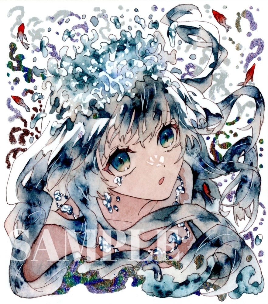 手描きイラスト オリジナル 「水の冠」 原画 創作 女の子 1/4色紙サイズ 透明水彩 - potato - BOOTH