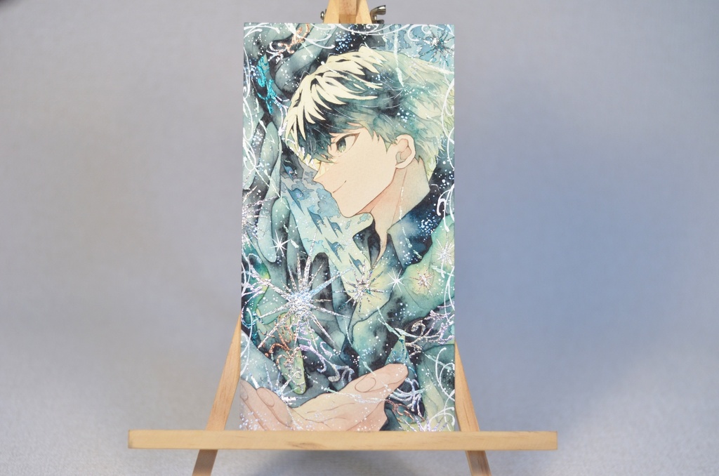 手描きイラスト オリジナル 「翡翠の魔術師」 原画 男の子 青年 創作 変形サイズ 透明水彩