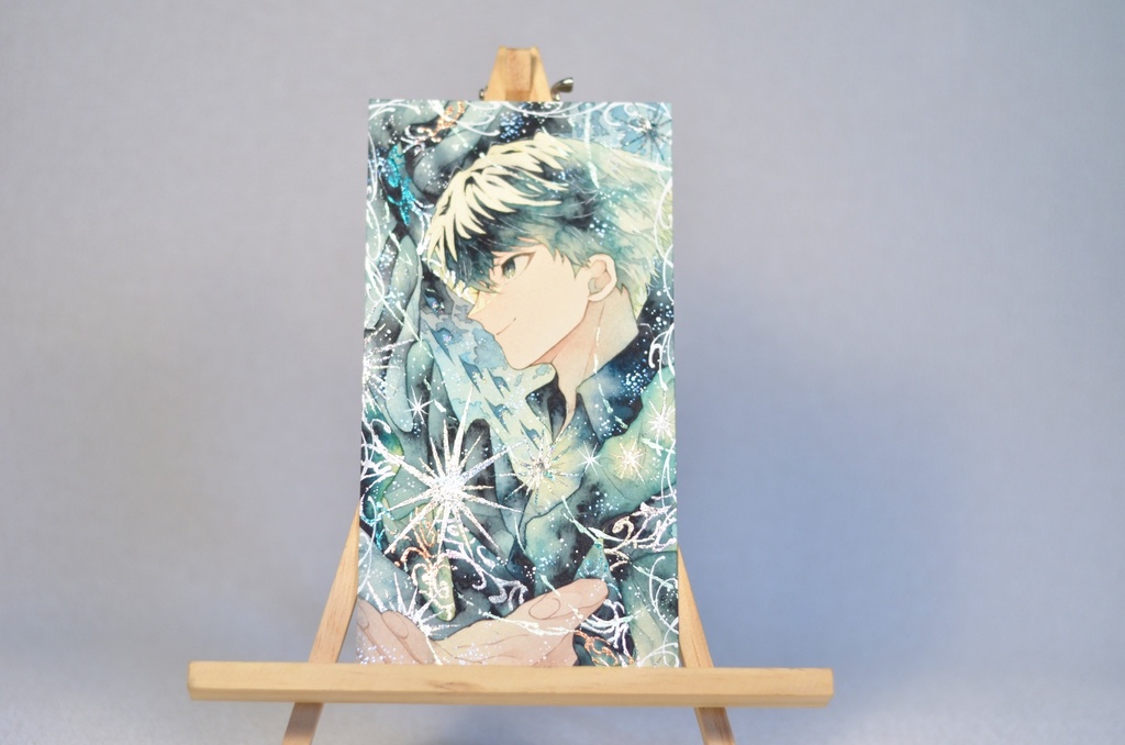 手描きイラスト オリジナル 「翡翠の魔術師」 原画 男の子 青年 創作 変形サイズ 透明水彩