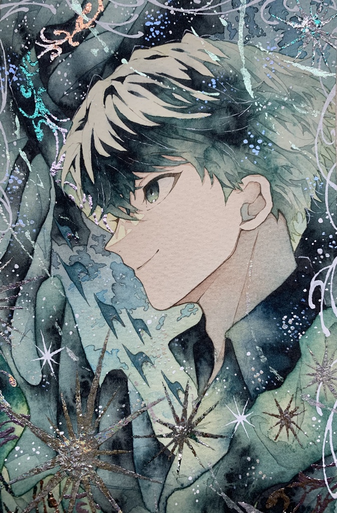 手描きイラスト オリジナル 「翡翠の魔術師」 原画 男の子 青年 創作 変形サイズ 透明水彩